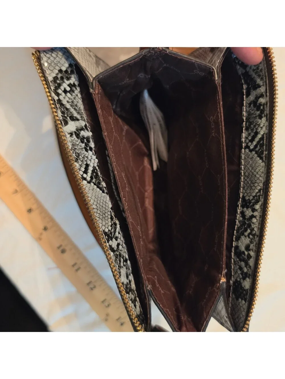 ALDO Gray Snake Print Crossbody Bag Brown Trim Gold Hardware Adjustable Strap